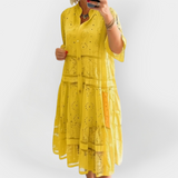 Suknelė su nėriniais, rankovėmis ir priekiniais mygtukais