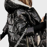 Sniegė | Ilgas ir šiltas dygsniuotas paltas su apgaubiančiu gobtuvu