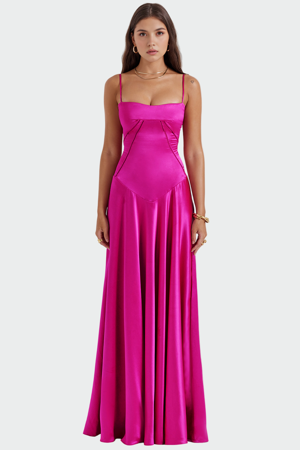 Satininis Maxi Suknelė su Plonomis Petnešomis